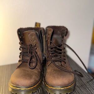 Dr. Martens Brown Leather Lace-Up Boots with Yellow Stitching